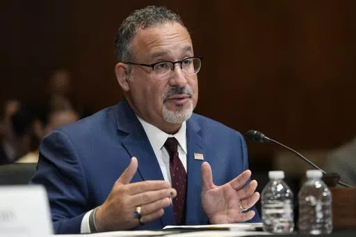 Education Secretary Miguel Cardona testifies during a Senate Appropriations Subcommittee on Labor, Health and Human Services, and Education, and Related Agencies hearing on Capitol Hill in Washington, April 30, 2024. The Biden administration is cancelling student loans for another 160,000 borrowers through a combination of existing programs. (AP Photo/Susan Walsh)