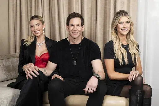 Heather El Moussa, from left, Tarek El Moussa and Christina Haack pose for a portrait to promote "The Flip Off" on Tuesday, Jan. 28, 2025, in Los Angeles. (Photo by Rebecca Cabage/Invision/AP)