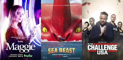 This combination of photos shows promotional art for the Hulu series "Maggie," left, the Netflix animated film "The Sea Beast," center, and the new reality competition series "The Challenge USA" on CBS. (Hulu/Netflix/CBS via AP)