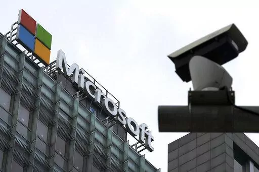 A security surveillance camera is seen near the Microsoft office building in Beijing, July 20, 2021. Coinciding with unrelenting cyberattacks against Ukraine, state-backed Russian hackers have engaged in “strategic espionage” against governments, think tanks, businesses and aid groups in 42 countries supporting Kyiv, Microsoft says in a new report.   (AP Photo/Andy Wong, File)