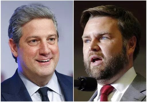 This combination of photos shows Ohio Democratic Senate candidate Rep. Tim Ryan, D-Ohio, on March 28, 2022, in Wilberforce, Ohio, left, and Republican candidate JD Vance on Sept. 17, 2022, in Youngstown, Ohio. Ryan and Vance deflected accusations of being political lapdogs to their parties Monday, as they met in a heated second debate for Ohio's open U.S. Senate seat. (AP Photo/Paul Vernon)
