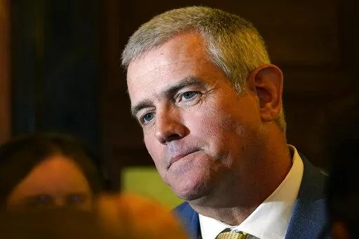  House Speaker Philip Gunn, R-Clinton speaks to reporters following adjournment on the first day of the legislative session at the Capitol in Jackson, Miss., Jan. 4, 2022. Gunn favors the complete elimination of state personal income tax, reduction of the grocery tax and an increase of the state sales tax on most items. (AP Photo/Rogelio V. Solis, File)