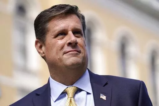 Republican gubernatorial candidate Geoff Diehl speaks to reporters outside the Statehouse, in Boston, March 21, 2022. Diehl, who has former President Donald Trump’s endorsement, is going up against businessman Chris Doughty, a political newcomer, in the Republican primary for governor on Tuesday, Sept. 6. (AP Photo/Steven Senne, File)