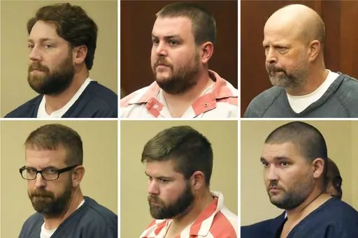 This combination of photos shows, from top left, former Rankin County sheriff's deputies Hunter Elward, Christian Dedmon, Brett McAlpin, Jeffrey Middleton, Daniel Opdyke and former Richland police officer Joshua Hartfield appearing at the Rankin County Circuit Court in Brandon, Miss., Aug. 14, 2023. Two Black men who were tortured for hours by the six Mississippi law enforcement officers in 2023 called Monday, March 18, 2024, for a federal judge to impose the strictest possible penalties at thei