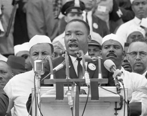 The Rev. Martin Luther King Jr., addresses marchers during his "I Have a Dream" speech at the Lincoln Memorial in Washington on Aug. 28, 1963. (AP Photo, File)