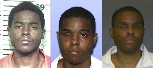 This combination of undated inmate photos provided Andre Thomas' attorney Maurie Levin, shows bookings photos of death row inmate Andre Thomas from Grayson County Jail, left, and the Texas Department of Criminal Justice, center and right. The scheduled execution of Thomas, a Texas death row inmate whose attorneys say gouged out both of his eyes — eating one of them — because of severe mental illness, was delayed by a judge on Tuesday, March 7, 2023. (Courtesy Maurie Levin via AP, File)