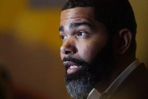 Jackson, Miss., Mayor Chokwe Antar Lumumba speaks with reporters about the efforts underway to deliver a sustainable water system for Jackson residents following a roundtable discussion with community leaders and residents, Nov. 15, 2022, at Jackson State University. Lumumba said Monday, Jan. 30, 2023, legislation that would create a separate court system run by unelected judges in part of Mississippi’s capital city is racially motivated. (AP Photo/Rogelio V. Solis, File)