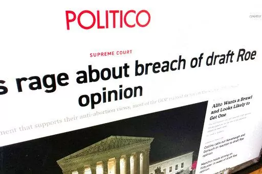 The politico.com website is photographed in Washington on Tuesday, May, 3, 2022. In breaking news of a Supreme Court draft opinion that would strike down 50 years of abortion policy, Politico's most impactful moment also put the news organization squarely in the middle of one of society's most contentious issues.  Politico sent a memo to staff members on saying it had restricted access to its offices and told security to be “extra vigilant” about visitors. The company also urged employees to