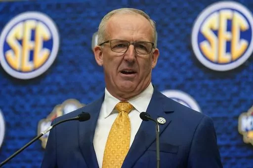 Southeastern Conference Commissioner Greg Sankey speaks during SEC Media Days, July 18, 2022, in Atlanta. The Southeastern Conference and Commissioner Greg Sankey have agreed to a contract extension through 2028. Financial terms were not disclosed in the release on Thursday, July 13, 2023. (AP Photo/John Bazemore, File)