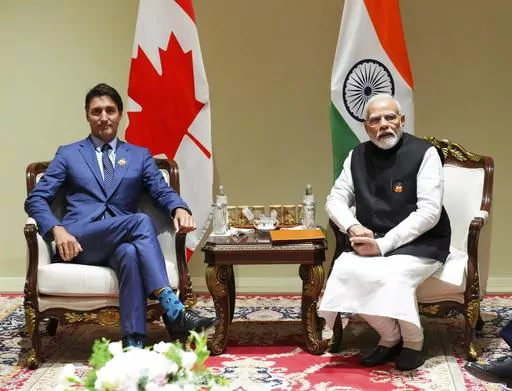 Prime Minister Justin Trudeau takes part in a bilateral meeting with Indian Prime Minister Narendra Modi during the G20 Summit in New Delhi, India on Sunday, Sept. 10, 2023. Prime Minister Justin Trudeau said that Canada wasn't looking to escalate tensions, but asked India on Tuesday, Sept. 19, to take the killing of a Sikh activist seriously after India called accusations that the Indian government may have been involved absurd.(Sean Kilpatrick/The Canadian Press via AP)