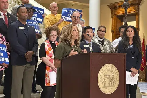 U.S. Rep Lucy McBath (D-Ga.) speaks at a news conference criticizing the State Election Board on Monday, Aug. 26, 2024, at the Georgia Capitol in Atlanta. (AP Photo/Jeff Amy)