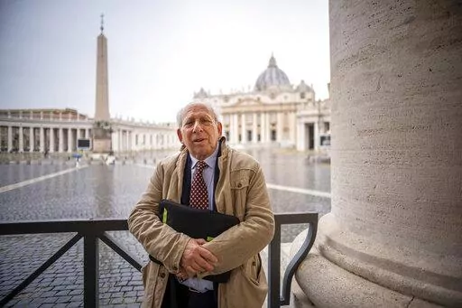 Former Associated Press Rome Bureau Chief Victor Simpson poses for a portrait after an interview with The Associated Press at the Vatican on April 29, 2021. Simpson, who covered the Vatican for over 30 years for The Associated Press before his retirement, recalls the graciousness of Pope Benedict XVI. (AP Photo/Domenico Stinellis)
