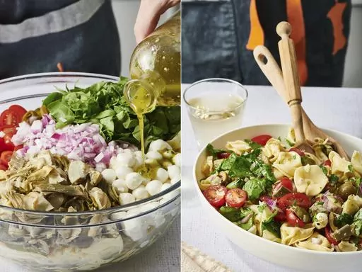 This combination of photos shows a recipe for tortellini salad prepared in New York. (Cheyenne Cohen via AP)