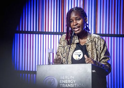 Hilda Nakabuye, Fridays for Future activist from Uganda, speaks at the opening of the Berlin Energy Transition Dialogue at the Federal Foreign Office in Berlin, March 29, 2022. Climate activists are urging more banks and insurers not to back the controversial $5 billion East African Crude Oil Pipeline that is primed to transport oil from the Hoima oilfields in Uganda to the Tanzanian coastal city of Tanga. Influential climate activists Vanessa Nakate and Hilda Nakabuye have lent their support to