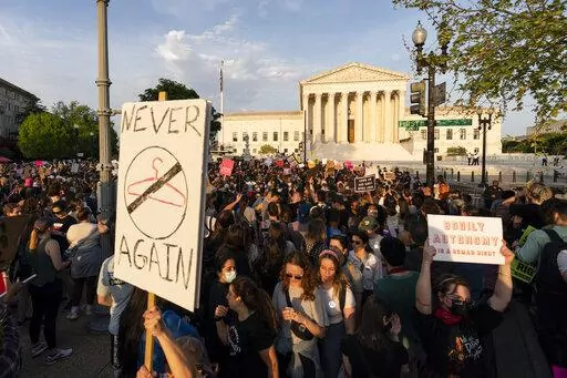 Demonstrators protest outside of the U.S. Supreme Court, May 3, 2022 in Washington, following news report by Politico that a draft opinion suggests the justices could be poised to overturn the landmark 1973 Roe v. Wade case that legalized abortion nationwide. (AP Photo/Alex Brandon, File)