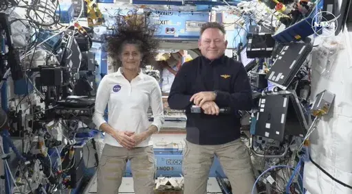 This image made from a NASA live stream shows NASA astronauts Suni Williams and Butch Wilmore during a press conference from the International Space Station on Friday, Sept. 13, 2024. (NASA via AP, File)
