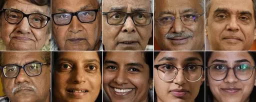 This combo photograph shows Indian voters, top row left to right, Raj Sud, 94, Niranjan Kapasi, 89 , Kuldip Chadha, 79, Ajay Sud, 63, Dhiren Singh, 58, and in second row, left to right, Ajay Jasra, 56, Retha Singh, 49, Shruti Sud, 34, Manya Sachdev, 22 and Anita Jasra, 18, as they talk to the Associated Press about the national elections, in New Delhi, India, March 29, 2024. (AP Photo/Manish Swarup)