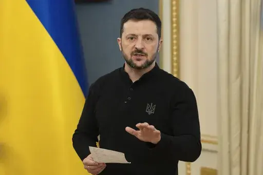 Ukrainian President Volodymyr Zelenskyy speaks during a briefing in Kyiv, Ukraine, Saturday, March 15, 2025. (AP Photo)