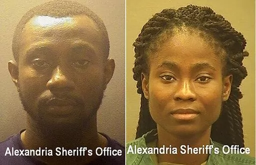 This photo provided by Alexandria Sheriff's Office, shows from left Richard Broni and Linda Mbimadong.  On Friday, Feb. 17, 2022, Broni and Mbimadong,  two of the people who scammed an Annandale man, who is not identified in court papers, will be sentenced in federal court in Alexandria.  They played relatively minor roles in a scam _ prosecutors describe them as “money mules” who never made contact with the victim themselves but helped receive and launder the money in return for a 5% to 10%