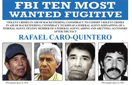 In this image released by the FBI shows the wanted posted for Rafael Caro Quintero. (FBI via AP, File)