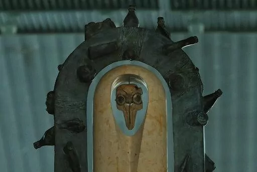 An altar constructed from recycled material of a vaquita porpoise skull is pictured during a march in support of the endangered porpoise, in Mexico City, Feb. 17, 2018.  The U.S. Trade Representative’s Office filed the first environmental complaint against Mexico Thursday, Feb. 10, 2022, for failing to protect the critically endangered vaquita marina, the world’s smallest porpoise. (AP Photo/Marco Ugarte, File)