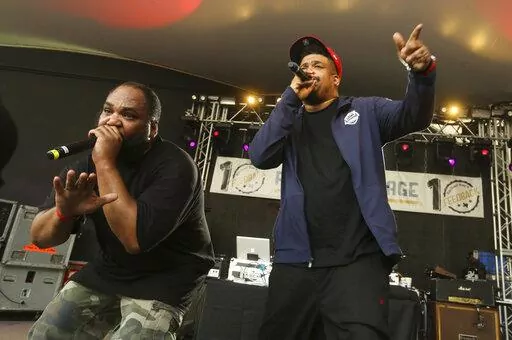 De La Soul's Vincent Mason, left, and David Jude Jolicoeur perform at Rachael Ray's Feedback Party at Stubb's during the South by Southwest Music Festival on Saturday March 18, 2017, in Austin, Texas. Jolicoeur, known widely as Trugoy the Dove and one of the founding members of the Long Island hip hop trio De La Soul, has died at age 54. His representative Tony Ferguson confirmed the reports Sunday, Feb. 12, 2023. (Photo by Jack Plunkett/Invision/AP, File)