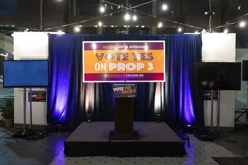 Decorations stand on display at a watch party for Michigan Proposal 3 at the David Whitney Building in Detroit on Election Day, Tuesday, Nov. 8, 2022. (Ryan Sun/Ann Arbor News via AP)