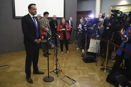 Irish Prime Minister Leo Varadkar speaks to the media at Dublin Castle as counting for the twin referendum to change the Constitution on family and care continues, in Dublin, Saturday March 9, 2024. Varadkar has conceded defeat in the vote over two constitutional amendments that would have broadened the definition of family and removed language about a woman’s role at home. Vote tallies Saturday showed both referendums failing in a blow to his government. (Damien Storan/PA via AP)