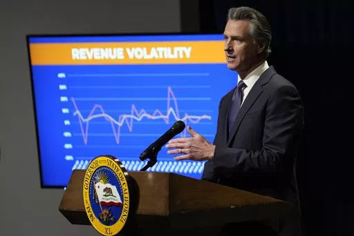 California Gov. Gavin Newsom discusses his budget proposal, Wednesday, Jan. 10, 2024, in Sacramento, Calif. Newsom will release his updated budget proposal on Friday, May 10, 2024. (AP Photo/Rich Pedroncelli,File)