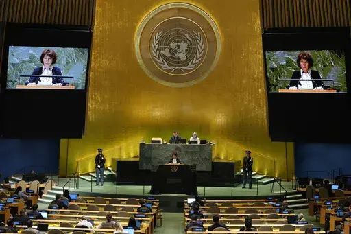 Gordana Siljanovska Davkova, President of North Macedonia, addresses the 79th session of the United Nations General Assembly, Thursday, Sept. 26, 2024, at U.N. headquarters. (AP Photo/Frank Franklin II)