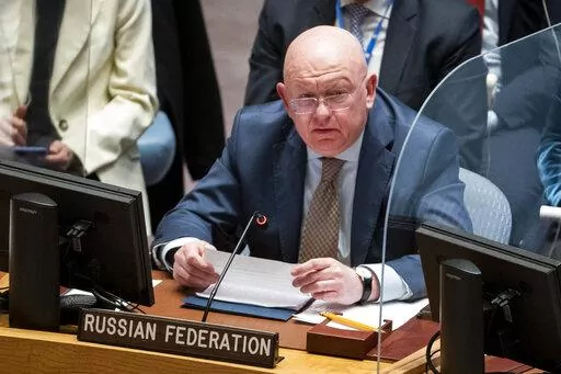Vassily Nebenzia, permanent representative of Russia to the United Nations, speaks during a meeting of the UN Security Council, March 29, 2022, at United Nations headquarters. A week before the anniversary of Russia’s invasion of Ukraine, the Kremlin’s U.N. ambassador claimed that the West is driven by its determination to destroy Russia and declared: "We had no choice other than to defend our country, defend it from you, to defend our identity and our future." (AP Photo/John Minchillo, File