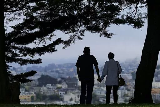 FILE- A man and woman walk under trees down a path at Alta Plaza Park in San Francisco. People in the final stretches of their working years feel less prepared to successfully age in their own homes than those who are 65 and older and already likely to have shifted into their retirement years. That age gap is among the key findings of The Associated Press-NORC Center for Public Affairs poll. (AP Photo/Jeff Chiu, File)