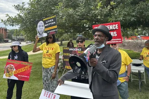 Joseph Amrine, who was exonerated two decades ago after spending years on death row, speaks at a rally to support Missouri death row inmates Marcellus Williams on Aug. 21, 2024, in Clayton, Mo. (AP Photo/Jim Salter, file)