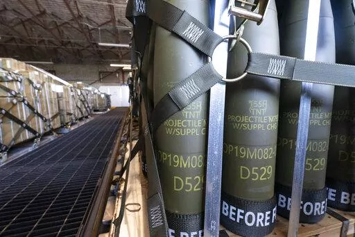 Pallets of 155 mm shells ultimately bound for Ukraine are loaded by the 436th Aerial Port Squadron, Friday, April 29, 2022, at Dover Air Force Base, Del. U.S. officials say that as Russia’s war on Ukraine drags on, U.S. security assistance is shifting to a longer-term campaign that will likely keep more American military troops in Europe into the future. They say a new aid package to be announced includes an additional roughly $3 billion to train and equip Ukrainian forces to fight for years t