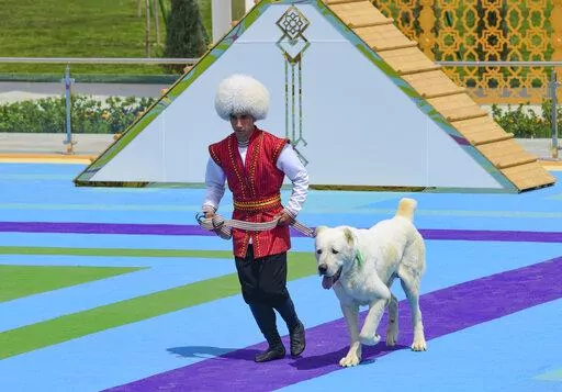 A man dressed in a national costume runs with his Alabay shepherd dog during Dog Day celebration in Ashgabat, Turkmenistan, April 25, 2021. The Central Asian nation of Turkmenistan is now requiring that its celebrated Alabay dog breed receive a passport before it can leave the country. A law that took effect Tuesday, July 26, 2022 requires that all puppies of the breed, which is also known as the Central Asian shepherd dog, be marked in the government’s pedigree book and register of pedigreed 