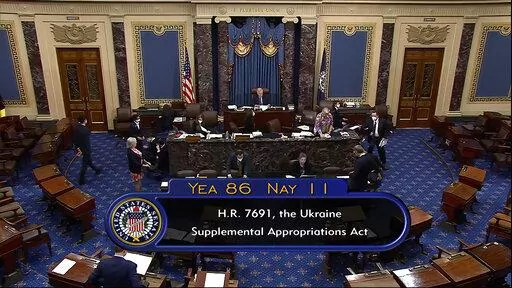 This image from Senate Television video shows the final vote of 86-11 as the Senate overwhelmingly approved a $40 billion infusion of military and economic aid for Ukraine and its allies on Thursday, May 19, 2022, in Washington, as both parties rallied behind America's latest, and quite possibly not last, financial salvo against Russia's invasion. (Senate Television via AP)