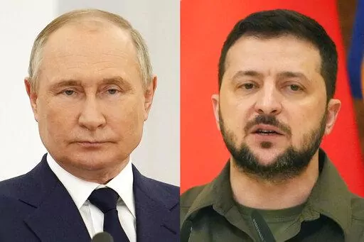 Russian President Vladimir Putin at the Kremlin in Moscow, on April 26, 2022, and Ukrainian President Volodymyr Zelenskyy in Kyiv, Ukraine, on May 8, 2022. An interminable and unwinnable war in Europe? That's what NATO leaders fear and are bracing for as Russia's war in Ukraine grinds into its third month with little sign of a decisive military victory for either side, and no resolution in sight. (AP Photo)