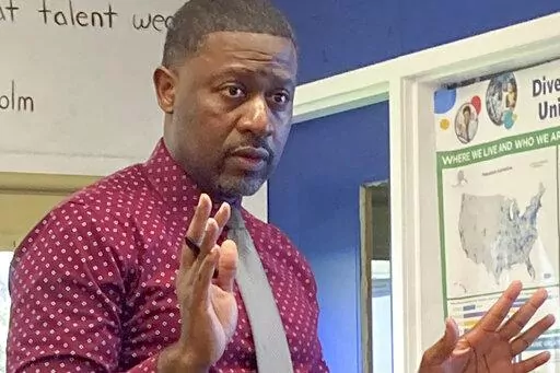 Oberlin High School history teacher Kurt Russell, teaches an African-American history class, Thursday, April 14, 2022, in Oberlin, Ohio. The Council of Chief State School Officers on Tuesday, April 19, 2022, publicly announced that Russell is the organization's National Teacher of the Year for 2022. (AP Photo/Mark Gillispie)