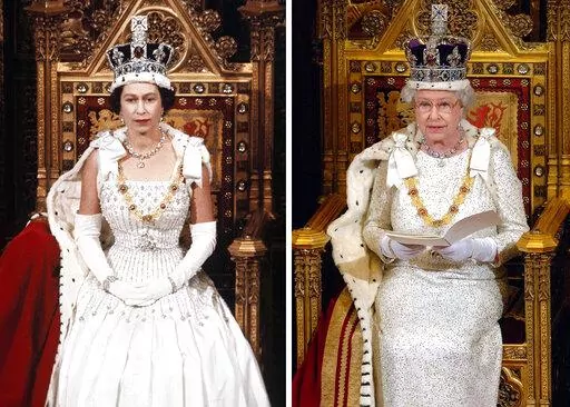 This photo combo shows Britain's Queen Elizabeth II during the State Opening of Parliament, London,  in April, 1966 on the left and Nov. 15, 2006, on the right. Queen Elizabeth II will mark 70 years on the throne Sunday, Feb. 6, 2022 an unprecedented reign that has made her a symbol of stability as the United Kingdom navigated an age of uncertainty.  (AP Photo, Arthur Edwards, Pool, File)