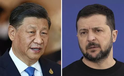 This combination of file photos shows China's President Xi Jinping, taken in Bangkok, Thailand, on Nov. 19, 2022, and Ukrainian President Volodymyr Zelenskyy taken outside Kyiv, Ukraine, on April 7, 2023. Chinese leader Xi talked Wednesday, April 26, 2023, with Ukrainian President Zelenskyy by phone and appealed for negotiations in Russia's war against his country, warning "there is no winner in a nuclear war," state media said, in a long-anticipated conversation after Beijing said it wanted to 
