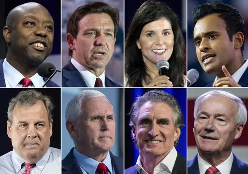 This combination of photos shows Republican presidential candidates, top row from left, Sen. Tim Scott, R-S.C., Florida Gov. Ron DeSantis, former South Carolina Gov. Nikki Haley, and Vivek Ramaswamy, bottom row from left, former New Jersey Gov. Chris Christie, former Vice President Mike Pence, North Dakota Gov. Doug Burgum and former Arkansas Gov. Asa Hutchinson. (AP Photo)