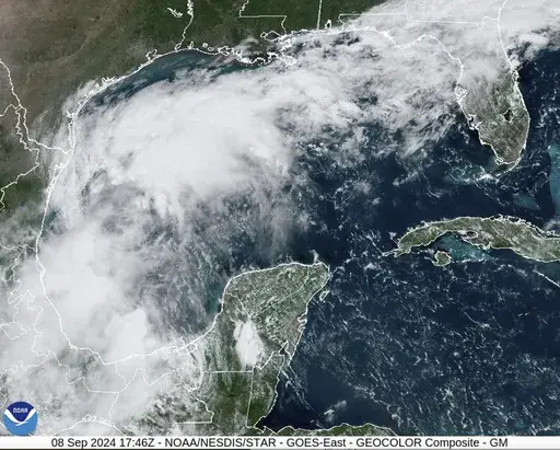 This Sunday, Sept. 8, 2024 satellite image provided by the National Oceanic and Atmospheric Administration shows a tropical disturbance in the Gulf of Mexico expected to bring significant rainfall to parts of Texas and Louisiana this week, possibly developing into a stronger storm, including a hurricane, according to the National Weather Service. (NOAA via AP)