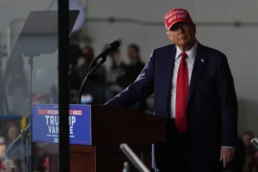 Republican presidential nominee former President Donald Trump speaks during a campaign rally at Dodge County Airport, Sunday, Oct. 6, 2024, in Juneau, Wis. (AP Photo/Julia Demaree Nikhinson)