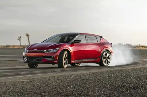 This photo provided by Kia, shows the 2023 Kia EV6 GT, a performance variant of their all-electric compact SUV. (Courtesy of Kia America via AP)