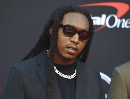 Takeoff, of Migos, arrives at the ESPY Awards in Los Angeles on July 10, 2019. A representative confirms that rapper Takeoff is dead after a shooting outside of a Houston bowling alley early Tuesday, Nov. 1, 2022. Takeoff, whose real name was Kirsnick Khari Ball, was part of Migos along with Quavo and Offset. He was 28. (Photo by Jordan Strauss/Invision/AP, File)