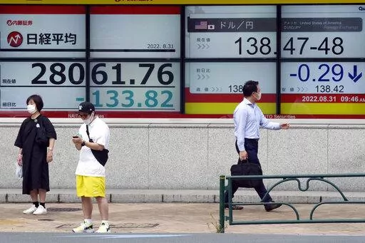 People wearing protective masks stand in front of an electronic stock board showing Japan's Nikkei 225 index at a securities firm Wednesday, Aug. 31, 2022, in Tokyo. Asian stocks followed Wall Street lower Thursday after strong U.S. jobs data fueled expectations of further interest rate hikes and Chinese manufacturing activity weakened. (AP Photo/Eugene Hoshiko)