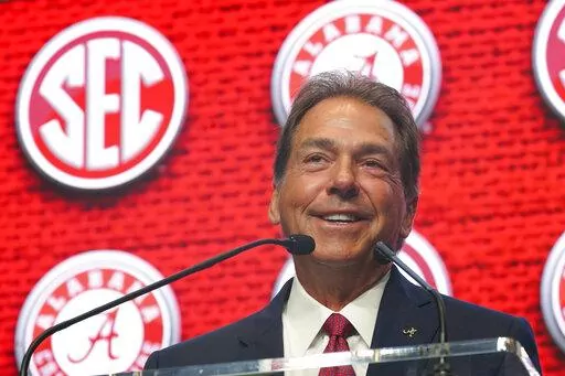 Alabama head coach Nick Saban speaks during NCAA college football Southeastern Conference Media Days Tuesday, July 19, 2022, in Atlanta. (AP Photo/John Bazemore)