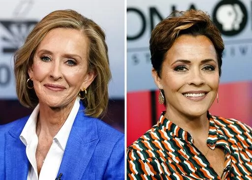 This combination of photos shows from left, Republican candidates for Arizona governor Karrin Taylor Robson and Kari Lake prior to an Arizona PBS televised Republican debate June 29, 2022, in Phoenix. Arizona Gov. Doug Ducey and former New Jersey Gov. Chris Christie have endorsed Karrin Taylor Robson against former television news anchor Kari Lake, who is backed by former President Donald Trump. (AP Photo/Ross D. Franklin, File)