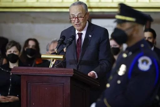 Senate Majority Leader Chuck Schumer of N.Y., speaks during a memorial service for former Senate Majority Leader Harry Reid, D-Nev., into the Rotunda of the U.S. Capitol as Reid lies in state, Wednesday, Jan. 12, 2022, in Washington. (Chip Somodevilla/Pool via AP)