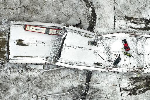 A view of the Fern Hollow Bridge in Pittsburgh that collapsed Friday morning, Jan. 28, 2022. (AP Photo/Gene J. Puskar)
